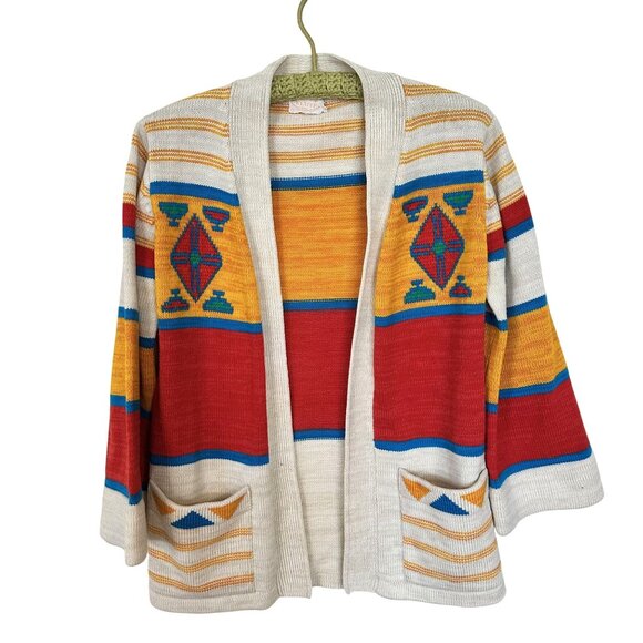Vtg Womens Cardigan Sweater 1970s Open Front Medium Aztec Western Red Yellow - Picture 1 of 6